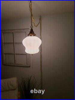 Vintage Opalescent Swag Light Mid Century White Hanging Pendant Lamp Pull String