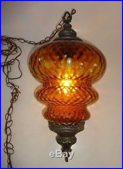 Vintage Orange AMBER Glass Hanging Brass Lamp Light with Chain Swag 22 Tall
