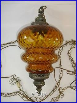 Vintage Orange AMBER Glass Hanging Brass Lamp Light with Chain Swag 22 Tall