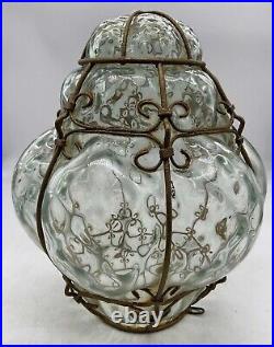 Vintage Original Murano Caged Blown Glass Hanging Swag Lamp