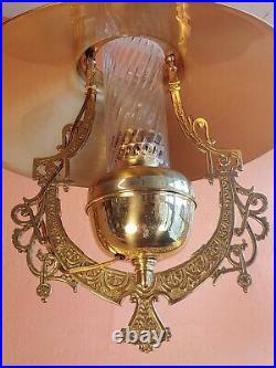 Vintage Ornate Art Nouveau Brass Hanging Oil Type Lamp Electric