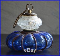 Vintage Ornate Blow Blue Bubble Glass Old Industrial Pendant Hanging Decor Lamp