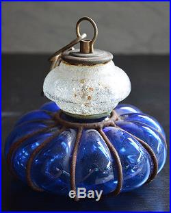 Vintage Ornate Blow Blue Bubble Glass Old Industrial Pendant Hanging Decor Lamp