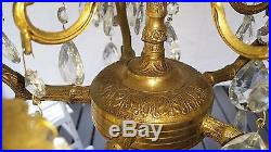 Vintage Ornate Brass 5-Arm Chandelier 10 Lights Crystal Prisms Hanging Lamp