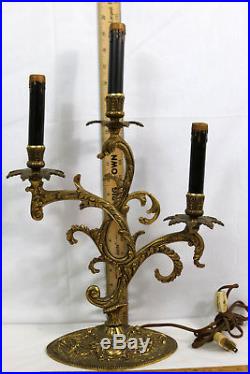 Vintage Ornate Cast Brass 3-Arm Candelabra Light Table Lamp with Hanging Crystals
