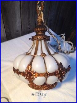 Vintage Ornate Hanging Lamp Light Milk Glass Metal Caged Murano