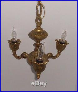 Vintage Ornate Heavy Brass 3 Arm Chandelier Hanging Lamp Light Ceiling Fixture