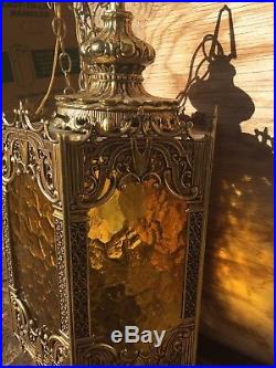 Vintage Ornate Metal Brass Amber Color Glass Hanging Lamp Light 1970s Hollywood