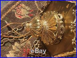 Vintage Ornate Metal Brass Amber Color Glass Hanging Lamp Light 1970s Hollywood