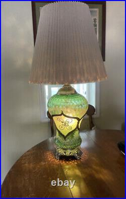 Vintage PAIR Mid Century Modern Hollywood Regency Green Glass Swag & Table Lamp