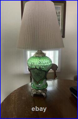 Vintage PAIR Mid Century Modern Hollywood Regency Green Glass Swag & Table Lamp