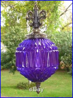 Vintage PURPLE Faceted Glass Hanging Swag Lamp Pull Chain Light with Prisms