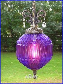 Vintage PURPLE Faceted Glass Hanging Swag Lamp Pull Chain Light with Prisms