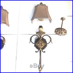 Vintage Pair Gothic Wall Sconces Hanging Lantern Brass Electric Lamp Bracket