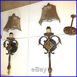 Vintage Pair Gothic Wall Sconces Hanging Lantern Brass Electric Lamp Bracket