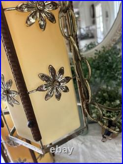 Vintage Pair MCM Plastic Wood Metal Hanging Swag Lamps Daisy Hippie 1960 70's 2