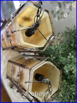 Vintage Pair MCM Plastic Wood Metal Hanging Swag Lamps Daisy Hippie 1960 70's 2