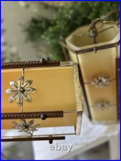 Vintage Pair MCM Plastic Wood Metal Hanging Swag Lamps Daisy Hippie 1960 70's 2