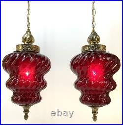 Vintage Pair Ruby Red Glass Swirl Hanging Light Swag Lamp Retro MCM 1960s Gold