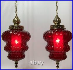 Vintage Pair Ruby Red Glass Swirl Hanging Light Swag Lamp Retro MCM 1960s Gold