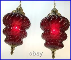 Vintage Pair Ruby Red Glass Swirl Hanging Light Swag Lamp Retro MCM 1960s Gold
