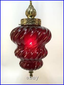 Vintage Pair Ruby Red Glass Swirl Hanging Light Swag Lamp Retro MCM 1960s Gold