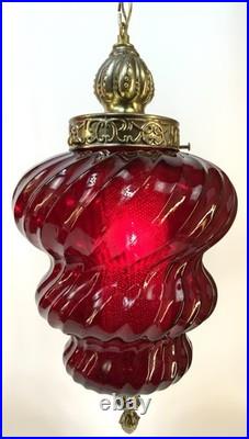 Vintage Pair Ruby Red Glass Swirl Hanging Light Swag Lamp Retro MCM 1960s Gold