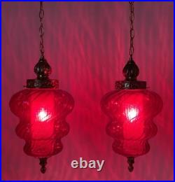 Vintage Pair Ruby Red Glass Swirl Hanging Light Swag Lamp Retro MCM 1960s Gold