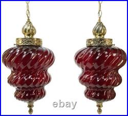 Vintage Pair Ruby Red Glass Swirl Hanging Light Swag Lamp Retro MCM 1960s Gold