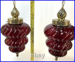 Vintage Pair Ruby Red Glass Swirl Hanging Light Swag Lamp Retro MCM 1960s Gold