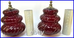 Vintage Pair Ruby Red Glass Swirl Hanging Light Swag Lamp Retro MCM 1960s Gold