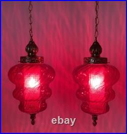 Vintage Pair Ruby Red Glass Swirl Hanging Light Swag Lamp Retro MCM 1960s Gold