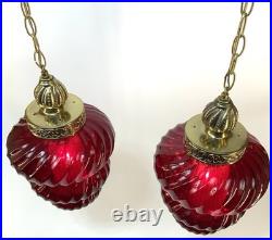 Vintage Pair Ruby Red Glass Swirl Hanging Light Swag Lamp Retro MCM 1960s Gold