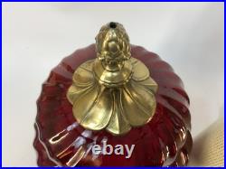 Vintage Pair Ruby Red Glass Swirl Hanging Light Swag Lamp Retro MCM 1960s Gold