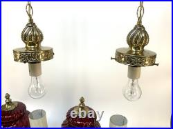 Vintage Pair Ruby Red Glass Swirl Hanging Light Swag Lamp Retro MCM 1960s Gold