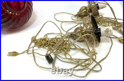 Vintage Pair Ruby Red Glass Swirl Hanging Light Swag Lamp Retro MCM 1960s Gold