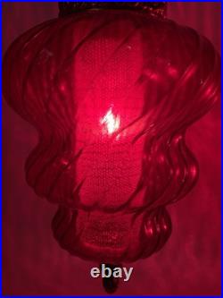 Vintage Pair Ruby Red Glass Swirl Hanging Light Swag Lamp Retro MCM 1960s Gold