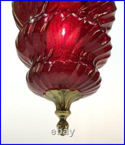 Vintage Pair Ruby Red Glass Swirl Hanging Light Swag Lamp Retro MCM 1960s Gold