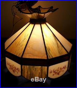 Vintage Pair Stained Glass Hanging Lamps Amber Cream Flowers Tiffany Style