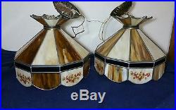 Vintage Pair Stained Glass Hanging Lamps Amber Cream Flowers Tiffany Style