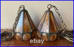 Vintage Pair Swag Amber Lamp Mid Century Glass Slag Panel Lighting