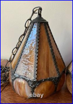 Vintage Pair Swag Amber Lamp Mid Century Glass Slag Panel Lighting