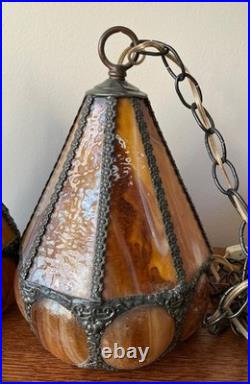 Vintage Pair Swag Amber Lamp Mid Century Glass Slag Panel Lighting