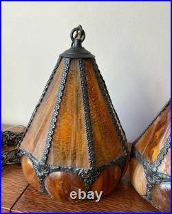 Vintage Pair Swag Amber Lamp Mid Century Glass Slag Panel Lighting