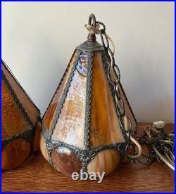 Vintage Pair Swag Amber Lamp Mid Century Glass Slag Panel Lighting