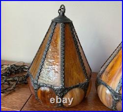 Vintage Pair Swag Amber Lamp Mid Century Glass Slag Panel Lighting