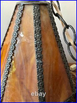 Vintage Pair Swag Amber Lamp Mid Century Glass Slag Panel Lighting