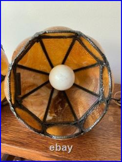 Vintage Pair Swag Amber Lamp Mid Century Glass Slag Panel Lighting