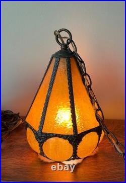 Vintage Pair Swag Amber Lamp Mid Century Glass Slag Panel Lighting