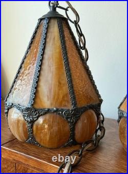 Vintage Pair Swag Amber Lamp Mid Century Glass Slag Panel Lighting